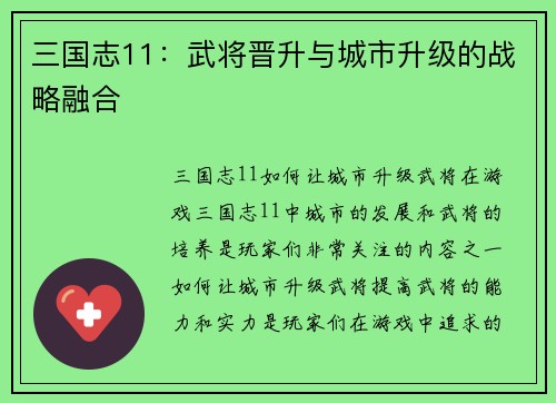三国志11：武将晋升与城市升级的战略融合