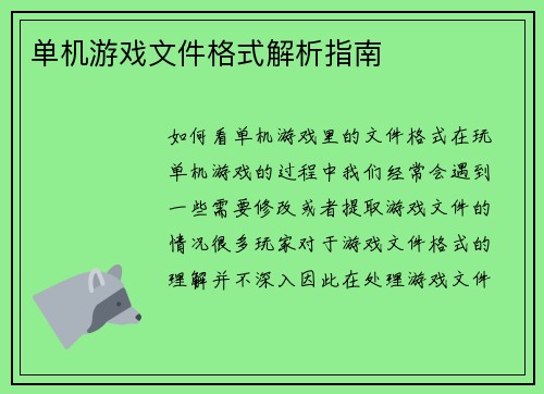 单机游戏文件格式解析指南