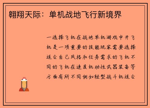 翱翔天际：单机战地飞行新境界